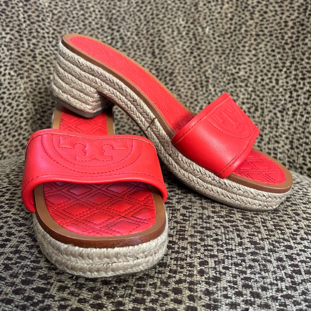 Tory Burch Red Leather Espadrille Slide Sandals | Wedge | Logo Detail